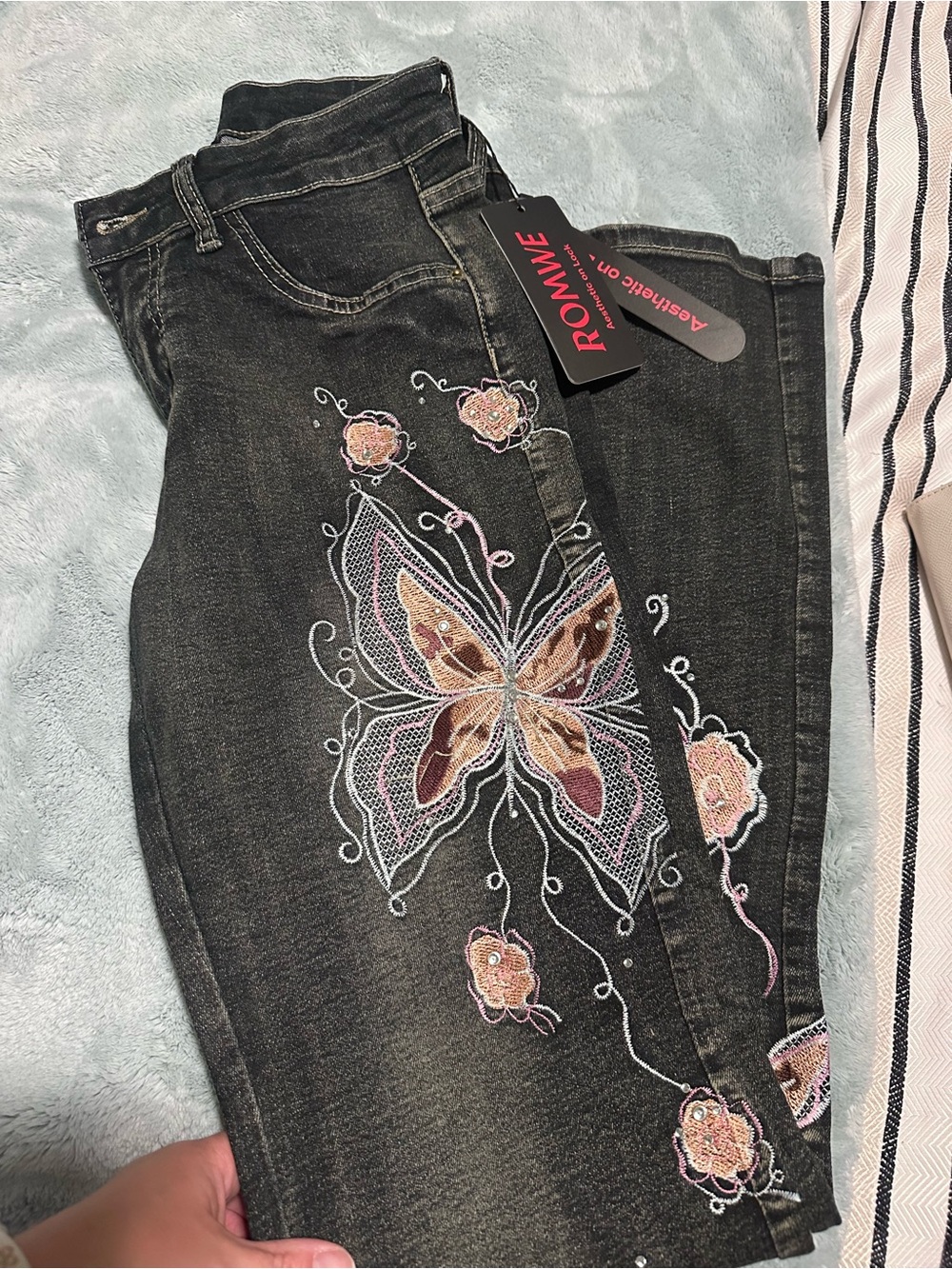 ROMWE Black Skinny Jeans with Pink & Brown Embroidered Butterfly